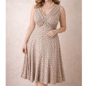 LEONORA Made In Italy Retro Taupe & White Polka Dot Dress Size M